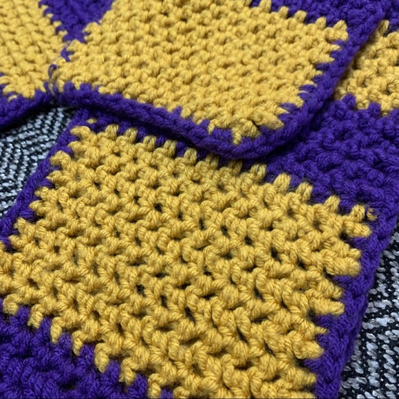 Unisex Purple & Gold crochet color block scarf - Picture 2 of 4
